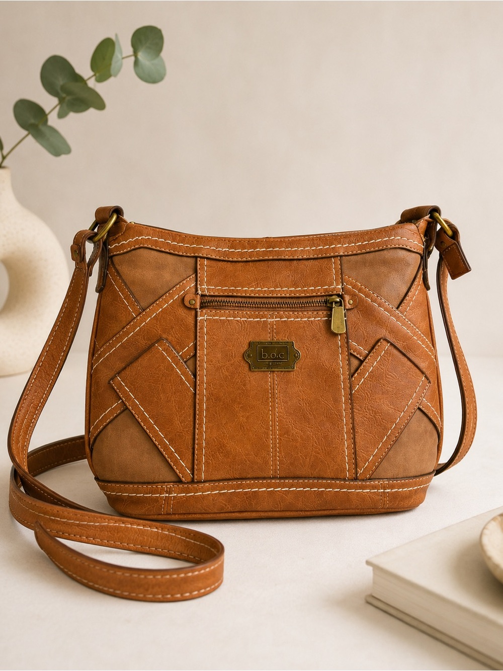BØC Born Concept Brown Faux Leather Y2K Crossbody Bag Purse Boho Detail M